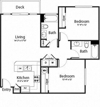 Image of B1 Floor Plan - 2 Bedroom 2 Bath 1,012 Sq Ft